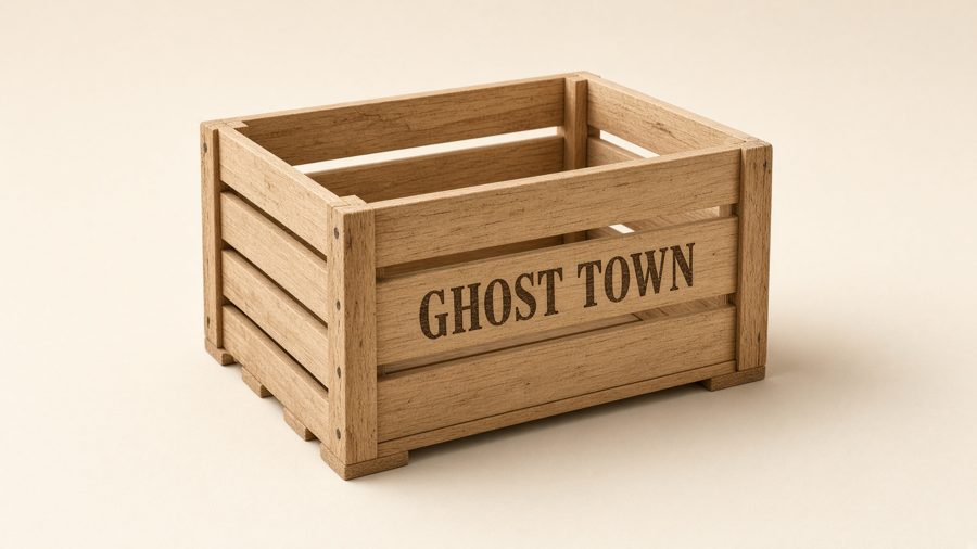 Empty wooden crate stamped Ghost Town