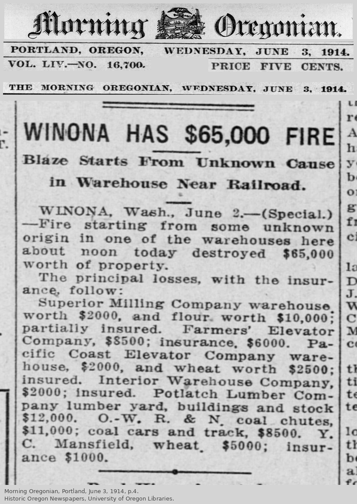 Morning Oregonian page from June 3, 1914, headlined Winona Has $65,000 Fire.