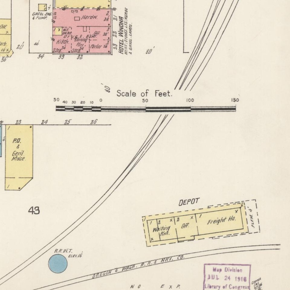 1916 fire insurance map of Winona, the depot and the tracks.