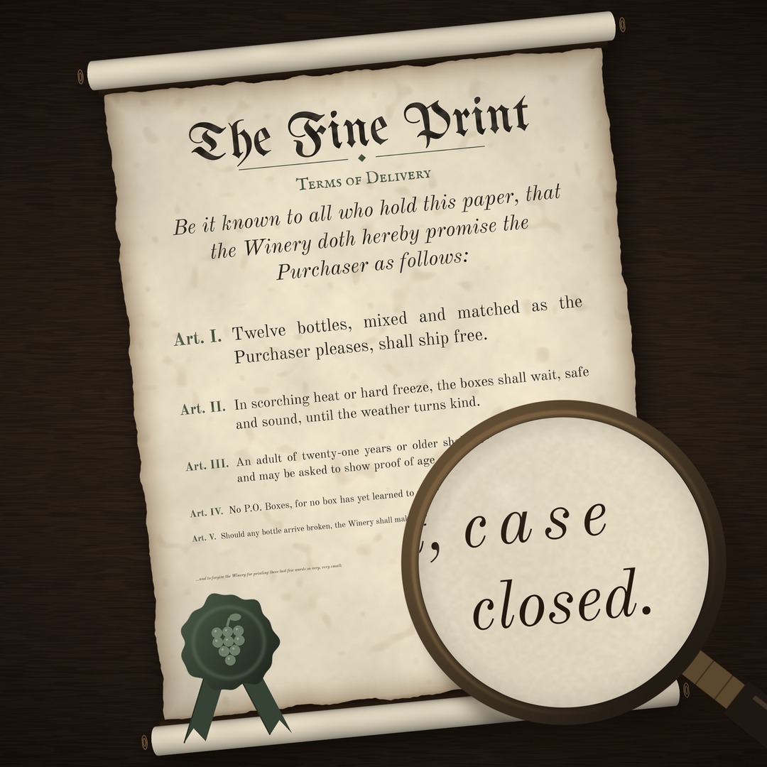 The Fine Print scroll, a magnifying glass reading 'case closed.'