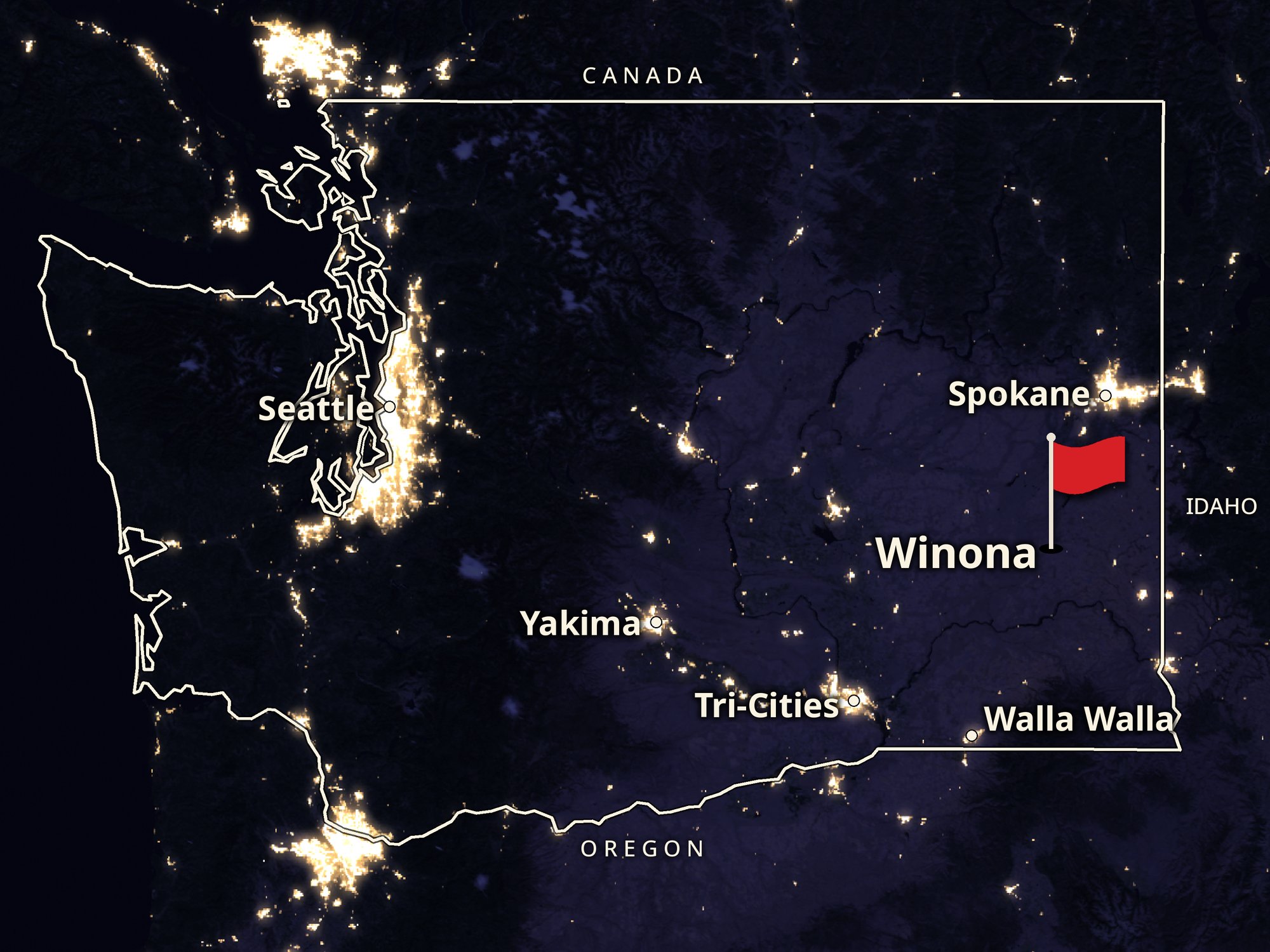 Night satellite map of Washington with a red flag on Winona.